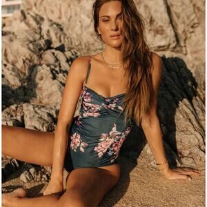 Albion Navy Blue Dahlia Print One Piece Swim Suit NWT Siz XXS